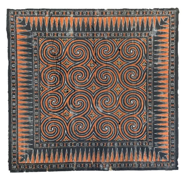 An authentic rectangular antique side wall panel from a Toraja Tongkonan house, featuring hand-carved and painted traditional geometric Pa'ssura motifs
